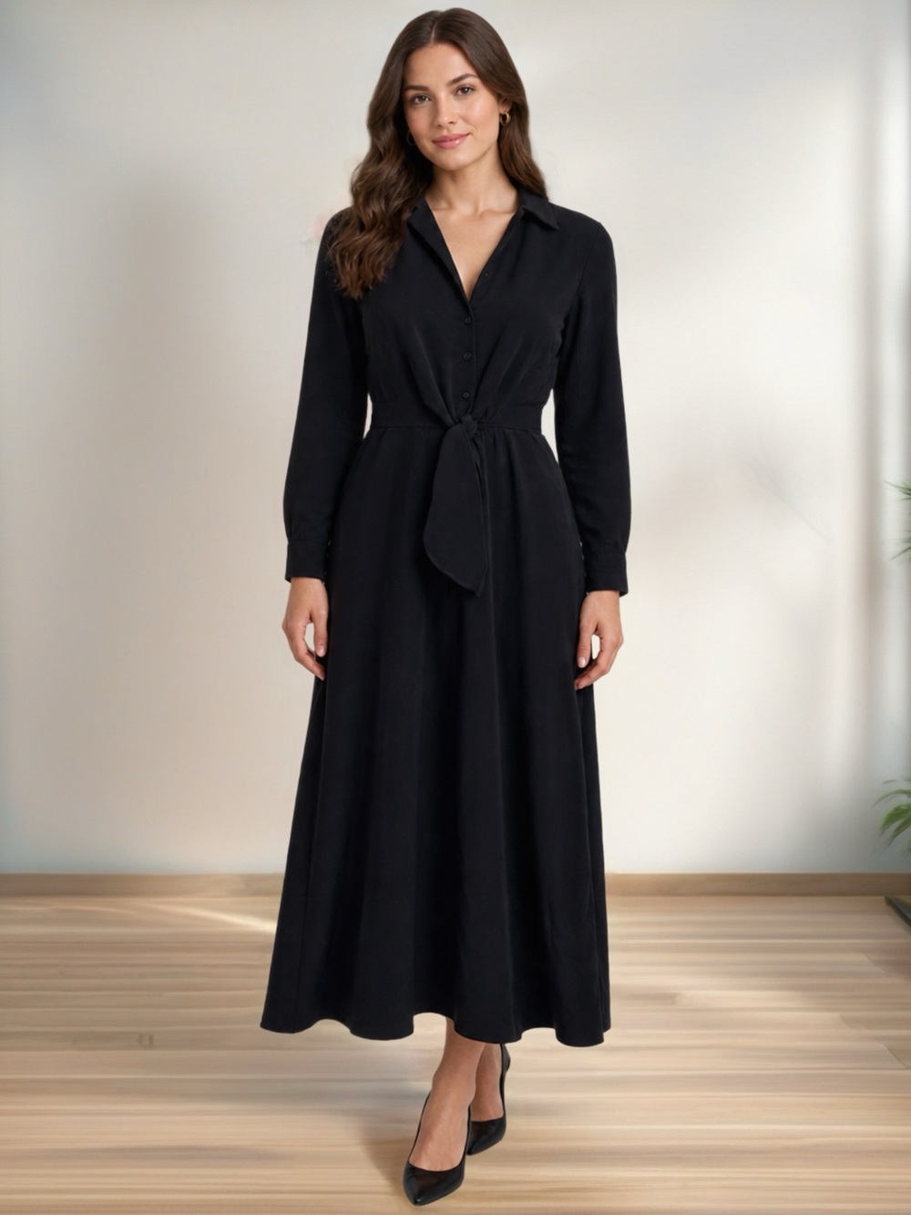 Calvin Klein Black Long-Sleeve Tie-Front Shirt Dress